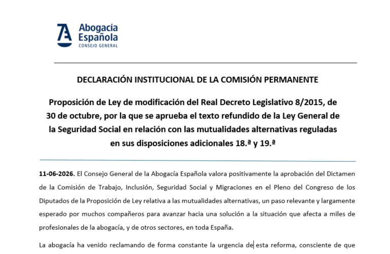 Declaración institucional de la Comisión Permanente de la Abogacía tras la aprobación en el Congreso de la Pasarela al RETA