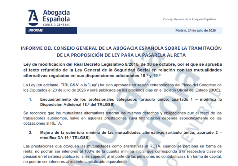 Informe del Consejo General de la Abogacía Española sobre la tramitación de la proposición de la Ley para la Pasarela al RETA